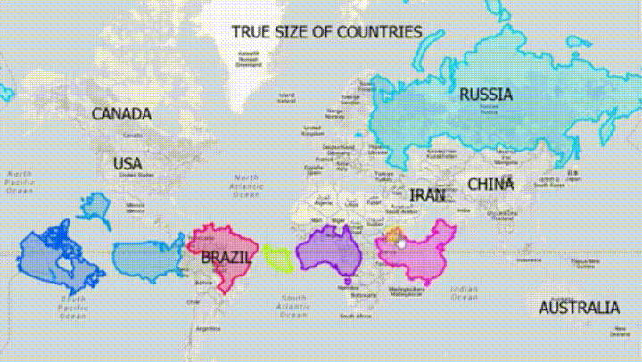 평면 지도상 나라들 크기를 실제 느낌으로 비교.gif